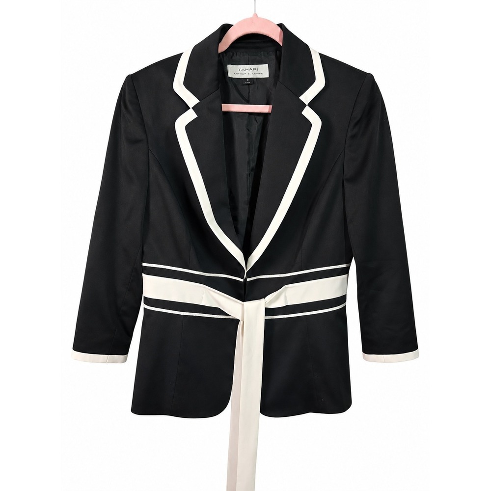 Tahari Arthur S Levine Black White Belted Contrast Blazer Jacket Size 8 NWT